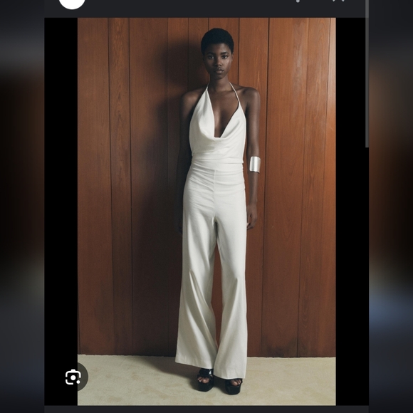 Zara Pants - Zasa hulterneck open back linen blend white ecru jumpsuit
